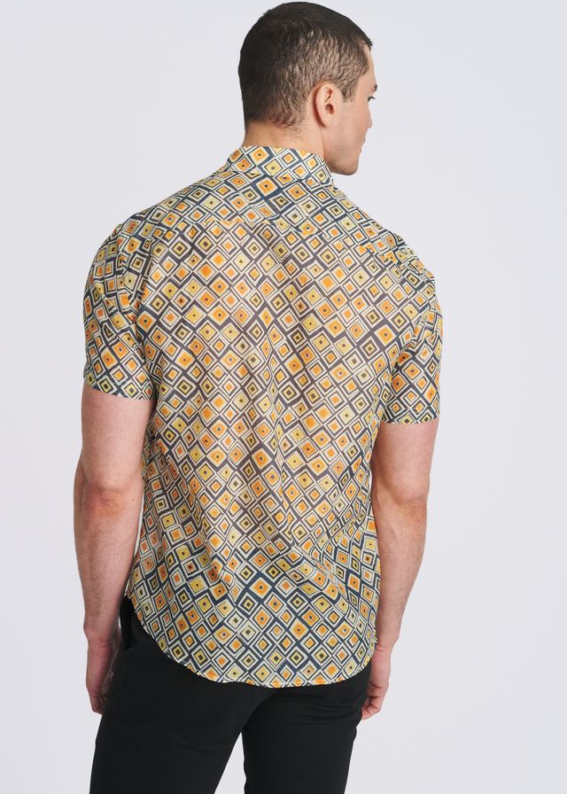 POSTMARC Men's Diamonds Lightweight Cotton Silk S/S Shirt - Gold/Navy Diamonds