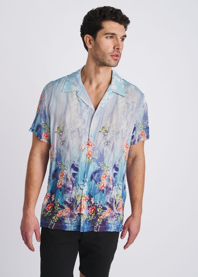 POSTMARC Floral Border Print S/S Modal Shirt - Cobalt/Turquoise Floral