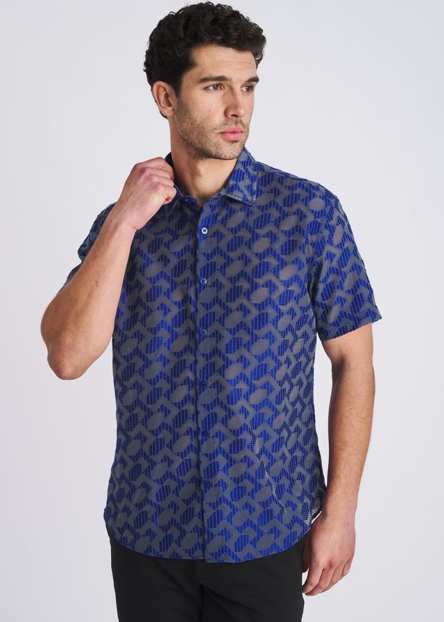 POSTMARC Men's Rhombus Lightweight Jaquard S/S Shirt - Navy