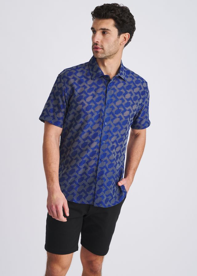 POSTMARC Men's Rhombus Lightweight Jaquard S/S Shirt - Navy