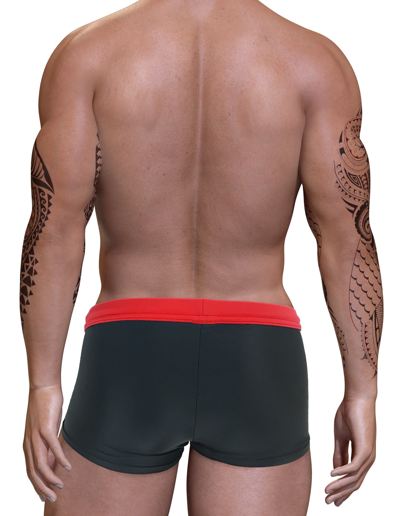 Back view of a muscular man with arm tattoos wearing black square-cut swim trunks with a contrasting red waistband.