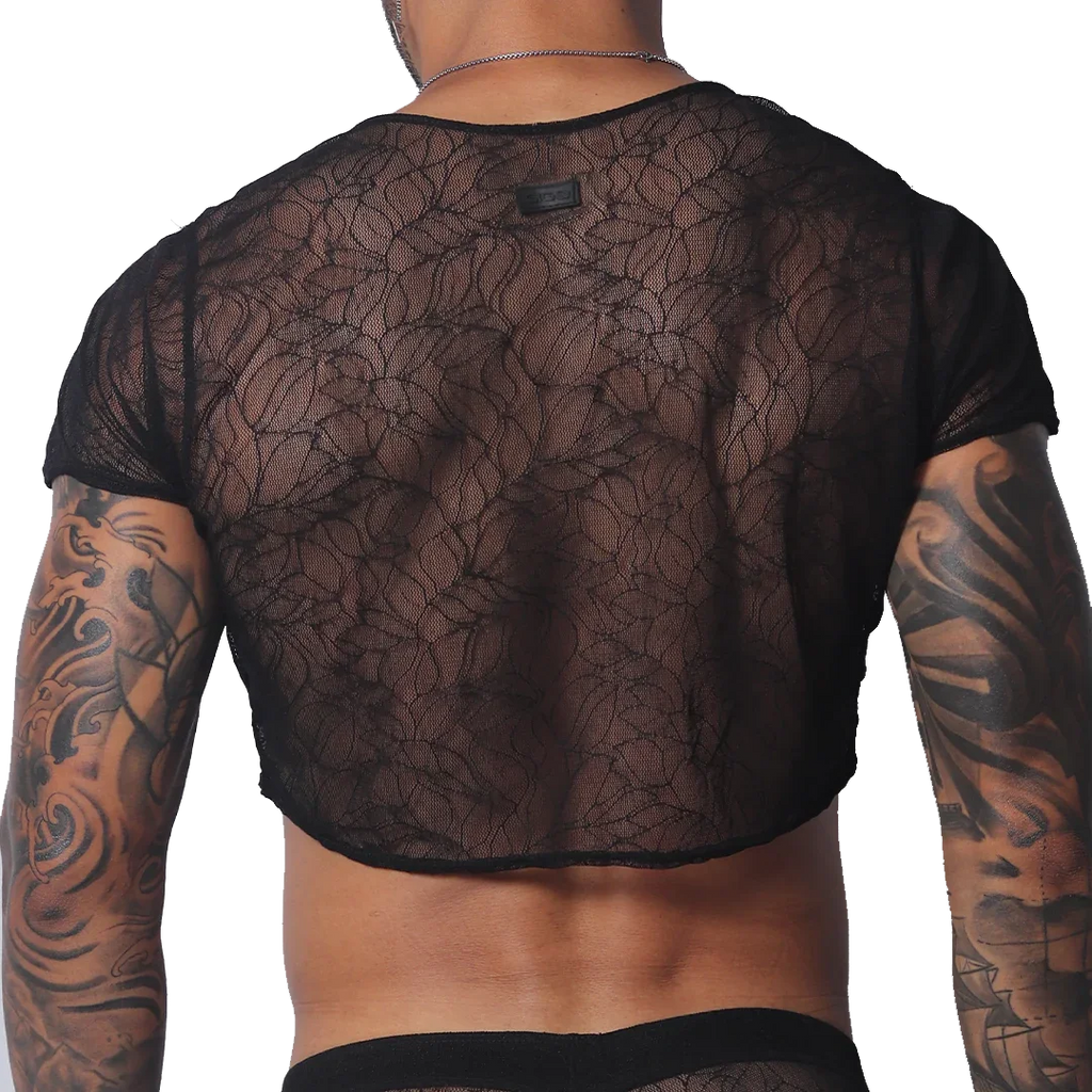 Black sheer lace crop top with short sleeves and a branded patch detail on the back.