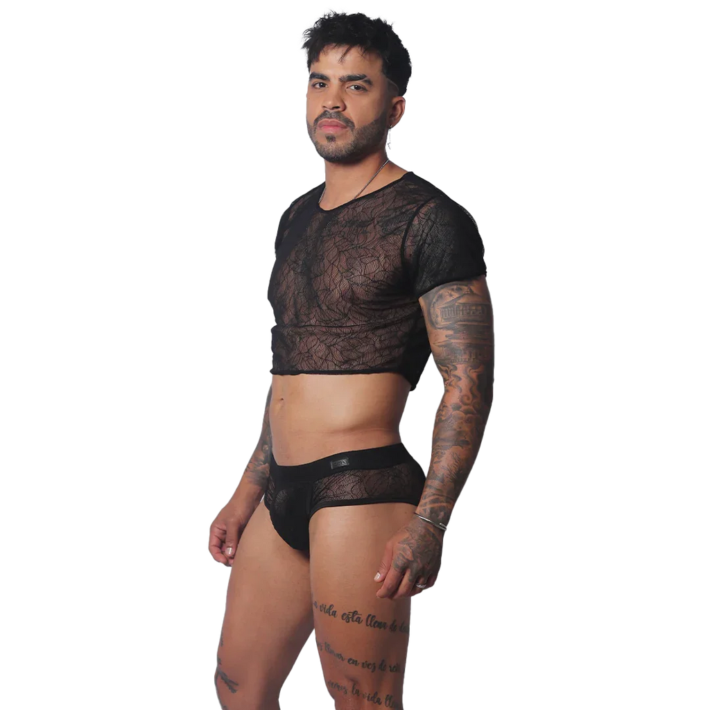 Black short-sleeve crop top in a sheer, intricate web-pattern lace fabric with a round neckline.