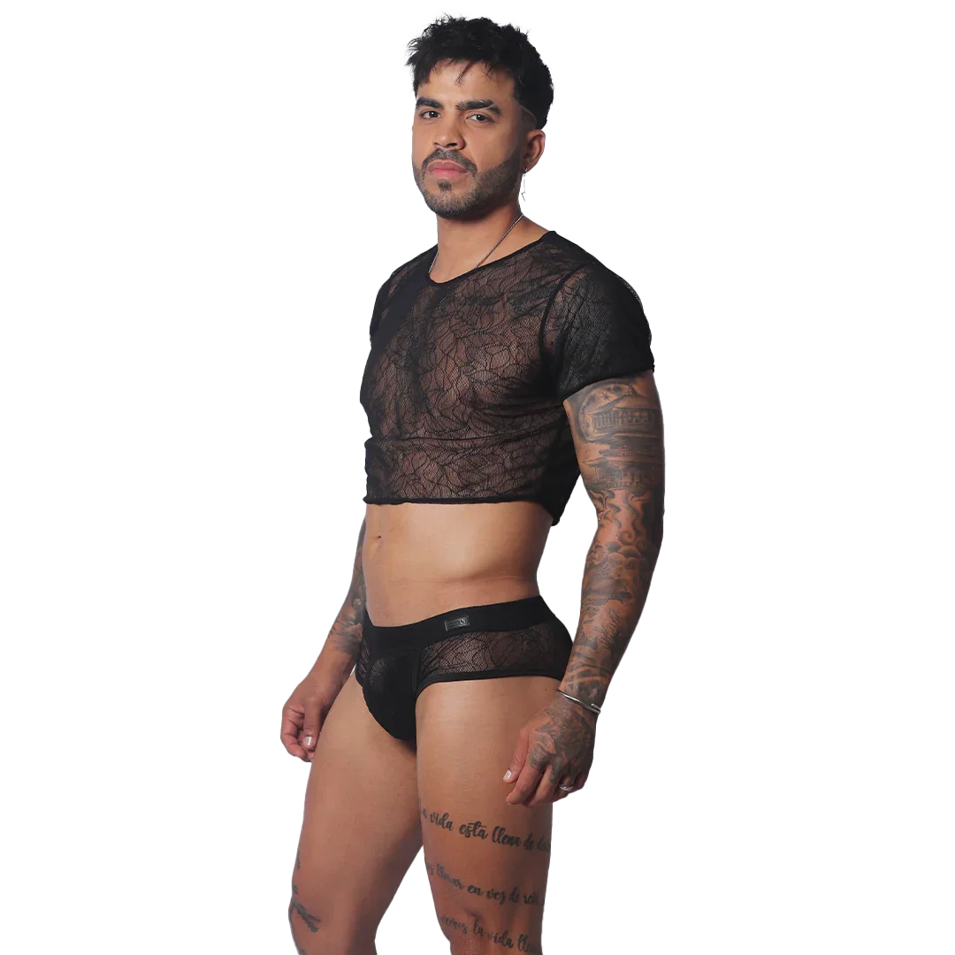 Black short-sleeve crop top in a sheer, intricate web-pattern lace fabric with a round neckline.