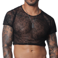 Black sheer mesh short-sleeve crop top with a delicate, intricate web-like pattern and round neckline.