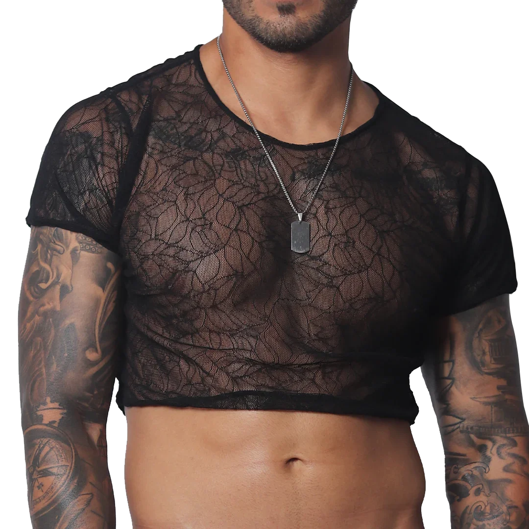 Black sheer mesh short-sleeve crop top with a delicate, intricate web-like pattern and round neckline.