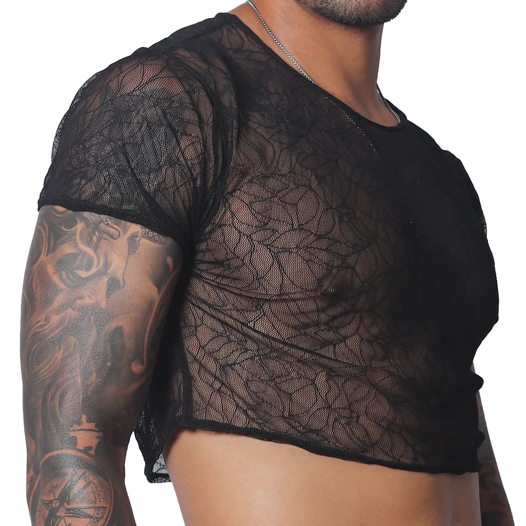 Black cropped T-shirt in sheer, patterned mesh fabric with a round neckline and short sleeves.
