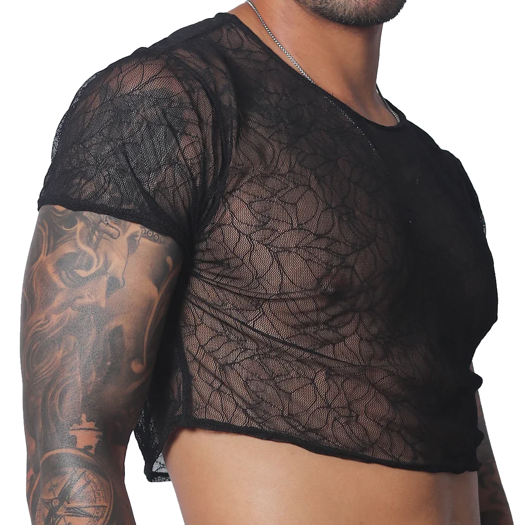 Black cropped T-shirt in sheer, patterned mesh fabric with a round neckline and short sleeves.