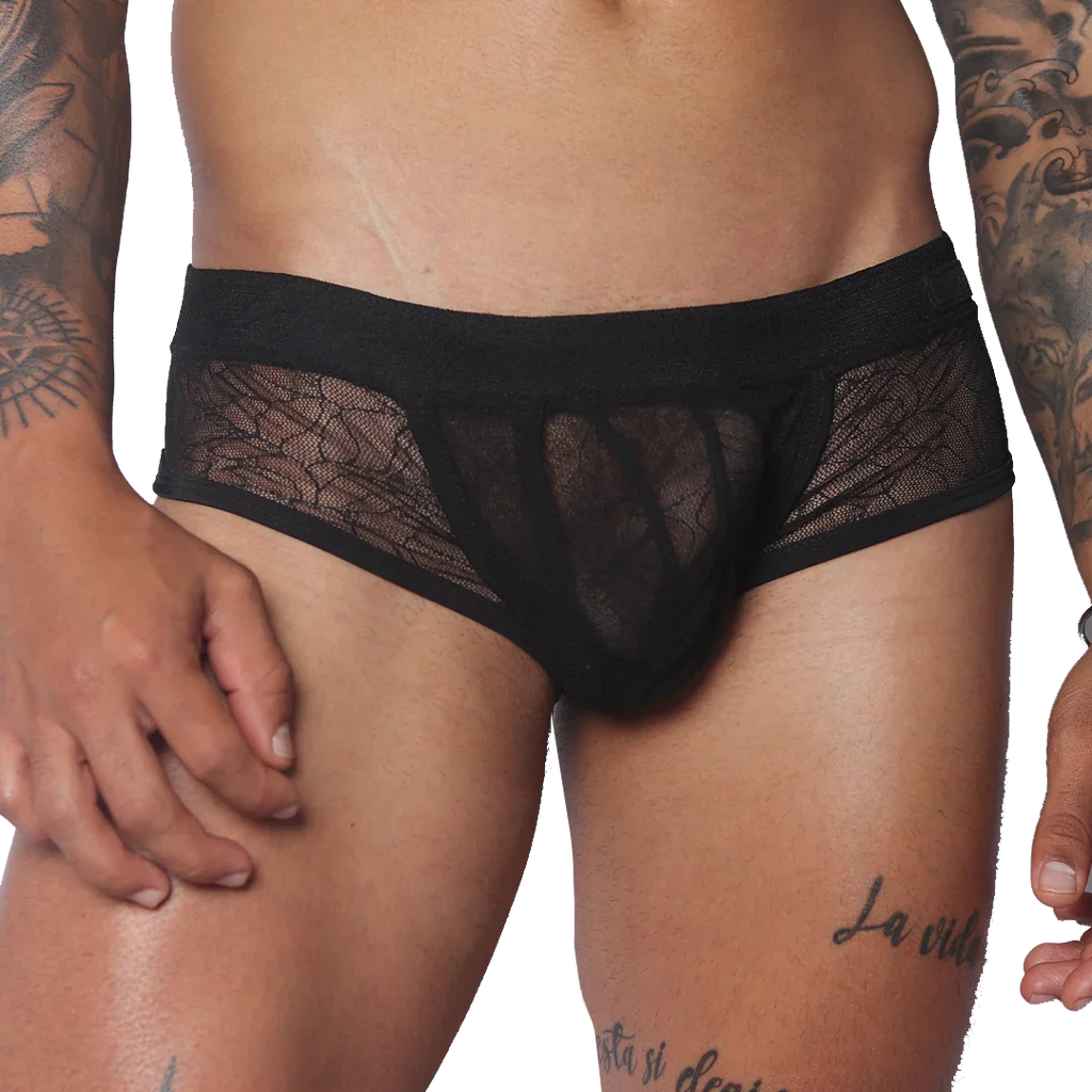 Black men's trunk underwear featuring a sheer, delicate floral lace pattern, a solid waistband, and solid front panel.