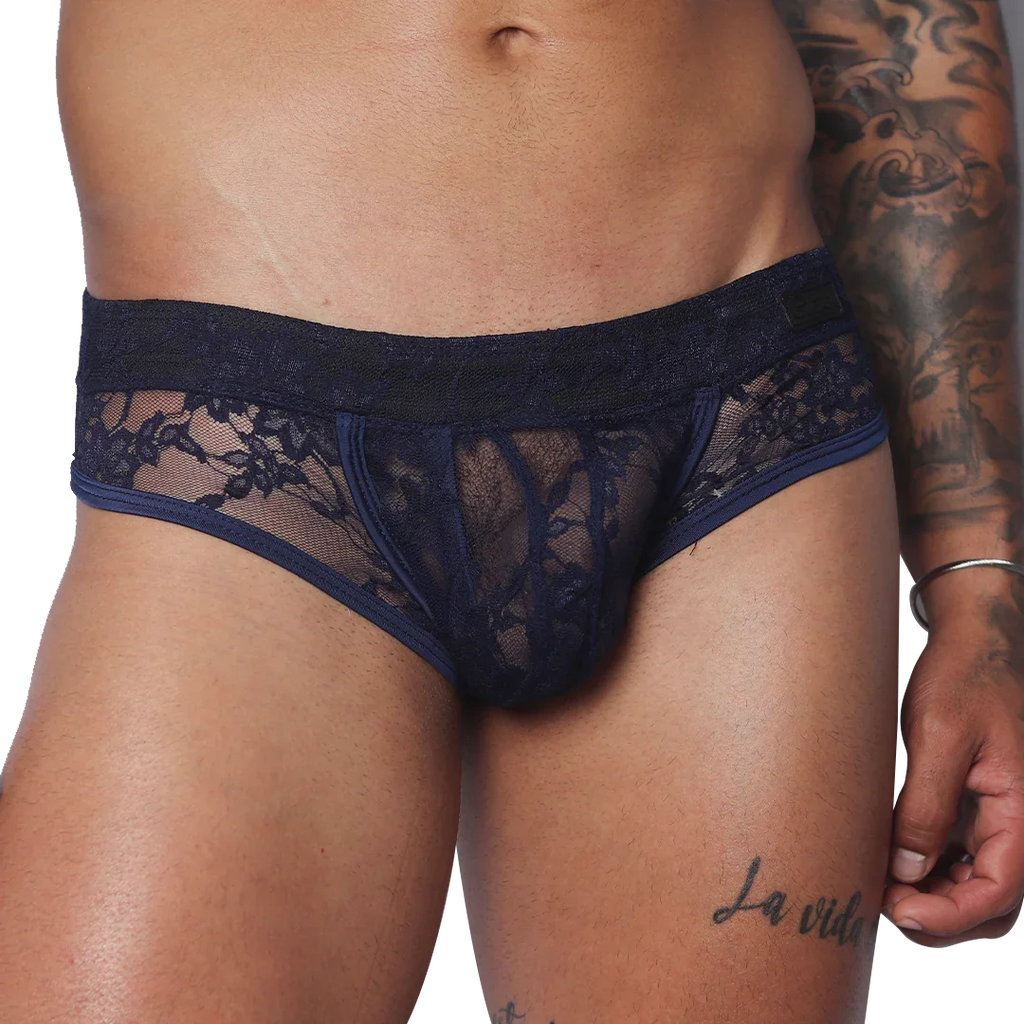 Dark blue lace trunk underwear featuring a contoured pouch and a solid elastic waistband.