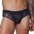 Dark blue lace trunk underwear featuring a contoured pouch and a solid elastic waistband.