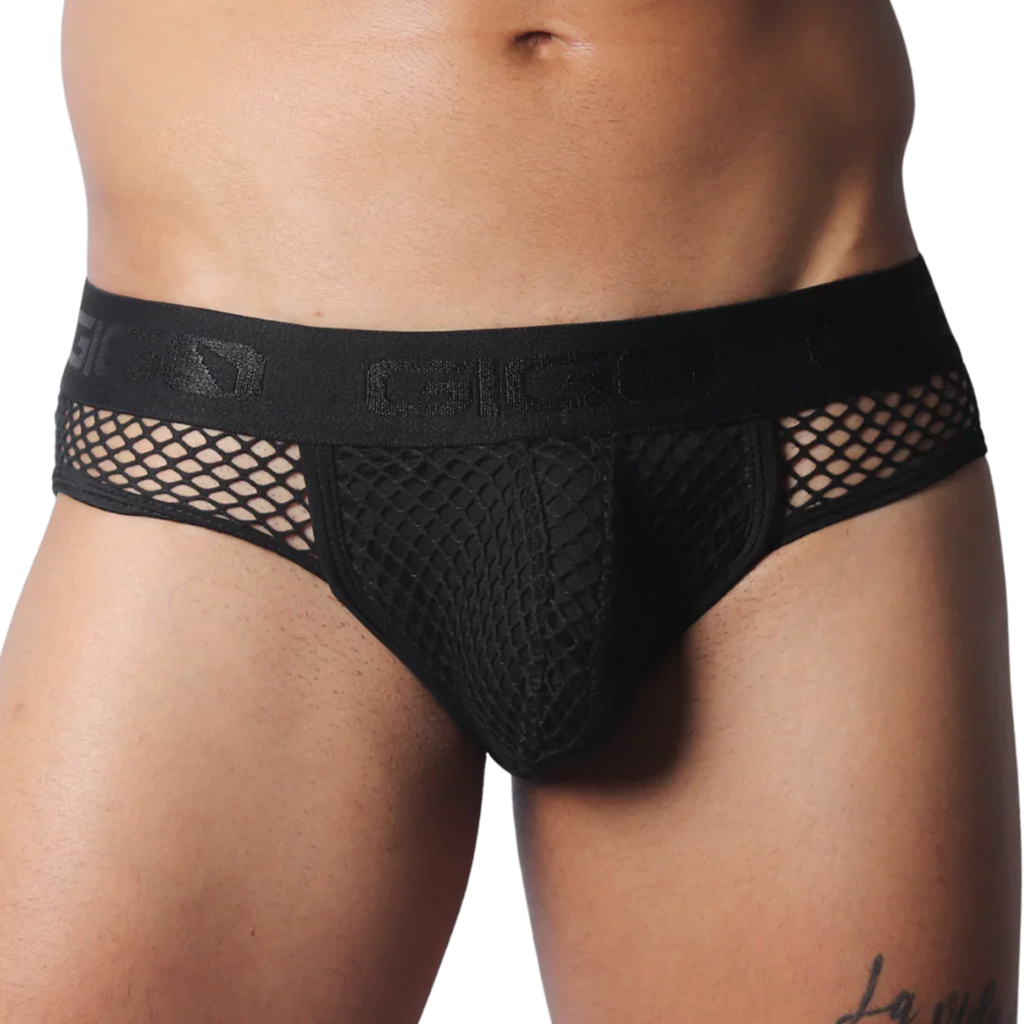Black Gigo brief featuring a mesh fabric pouch and side panels with a branded elastic waistband.