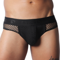 Black Gigo brief featuring a mesh fabric pouch and side panels with a branded elastic waistband.