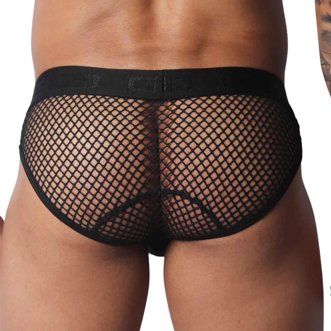 Black fishnet briefs with a branded elastic waistband and back-seam detail.