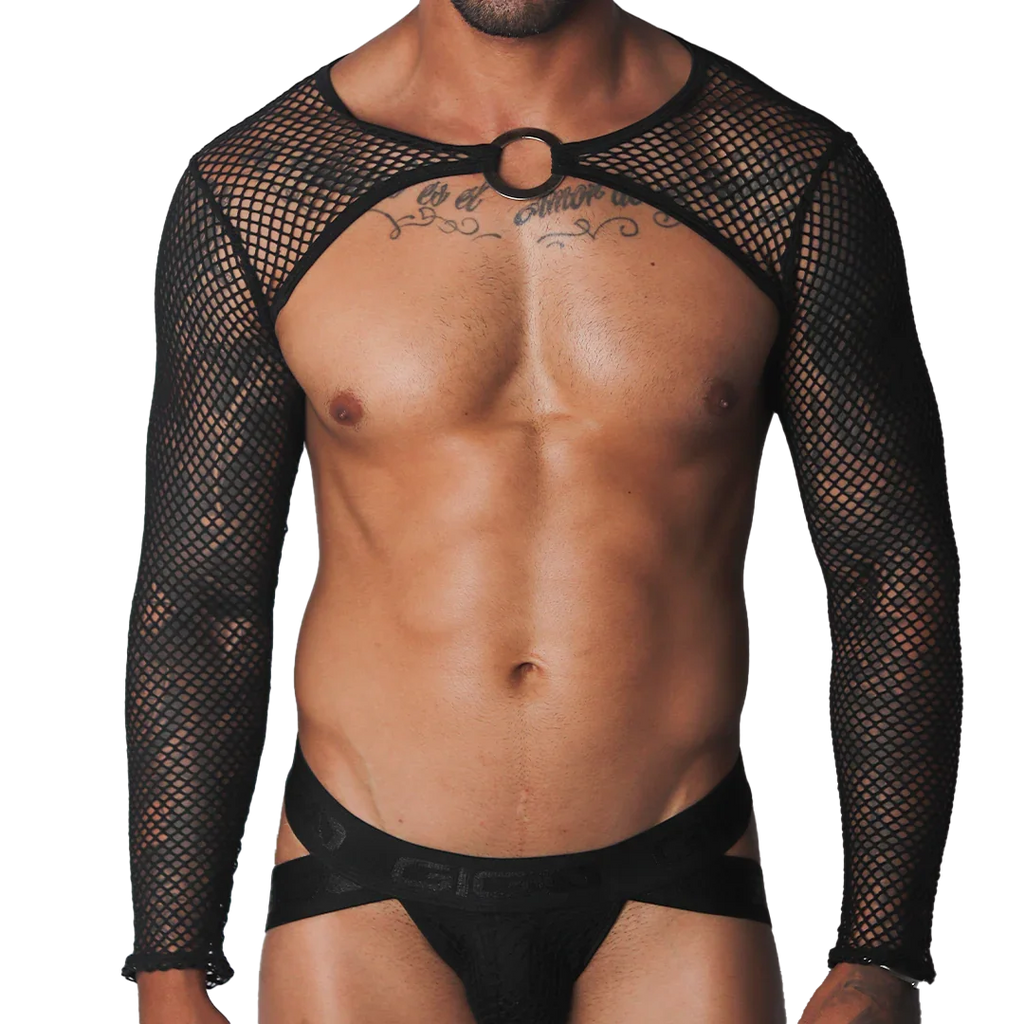 Black fishnet long-sleeve harness with a central metallic O-ring collar and matching black athletic jockstrap.