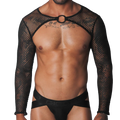 Black fishnet long-sleeve harness with a central metallic O-ring collar and matching black athletic jockstrap.