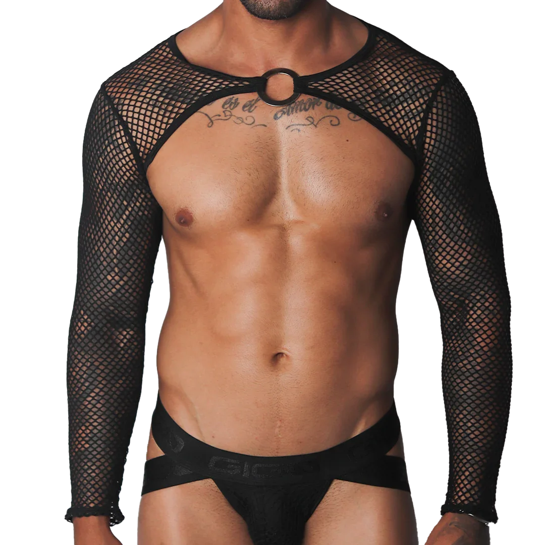 Black fishnet long-sleeve harness with a central metallic O-ring collar and matching black athletic jockstrap.