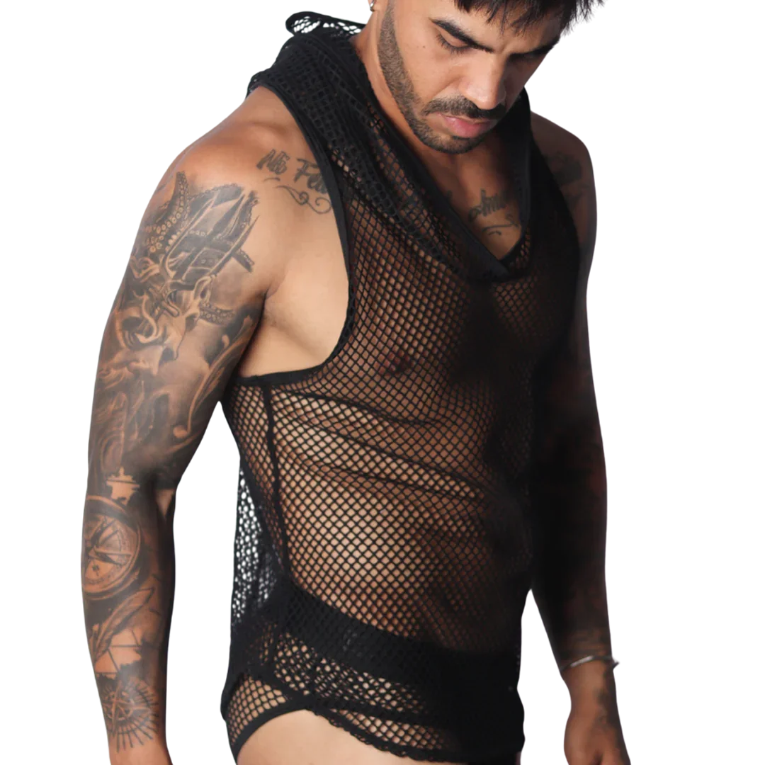 Sleeveless black fishnet hooded tank top with a deep scoop neckline and fitted cut.
