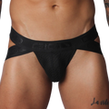 Black jockstrap with textured mesh pouch and crisscross elastic waistband featuring Gigo logo branding.