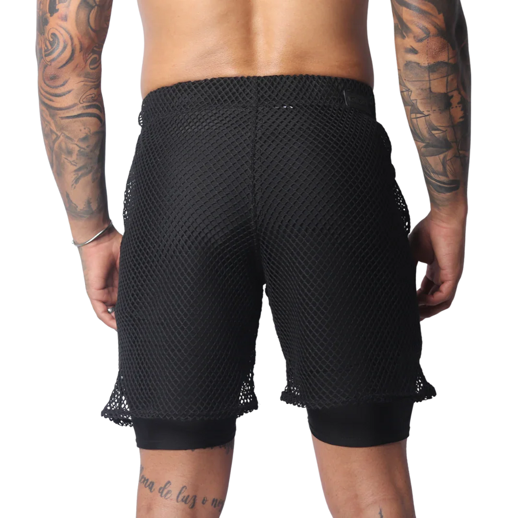 Black athletic shorts featuring a layered design with a loose, wide-gauge mesh outer layer over solid fitted liners.