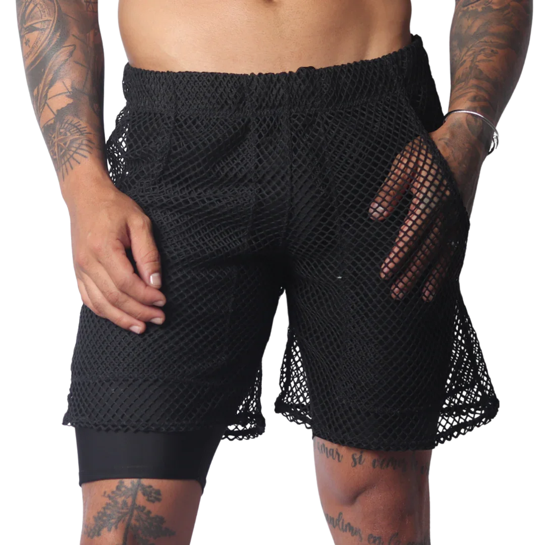 Black athletic shorts with an elastic waistband, featuring a sheer, oversized mesh outer layer over solid lining.