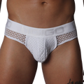 White brief with sheer, open-weave lace fabric and a branded elastic waistband.