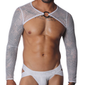 White mesh long-sleeve harness with a central silver O-ring connector and cutout chest design.