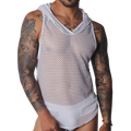 Sleeveless white hooded tank top in a semi-sheer, geometric mesh fabric with a V-neckline.