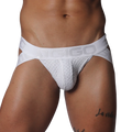 White mesh jockstrap with a branded elastic waistband and contoured pouch.