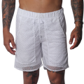 White short athletic-style shorts in a semi-sheer, open-weave mesh fabric with an elastic waistband and side pockets.