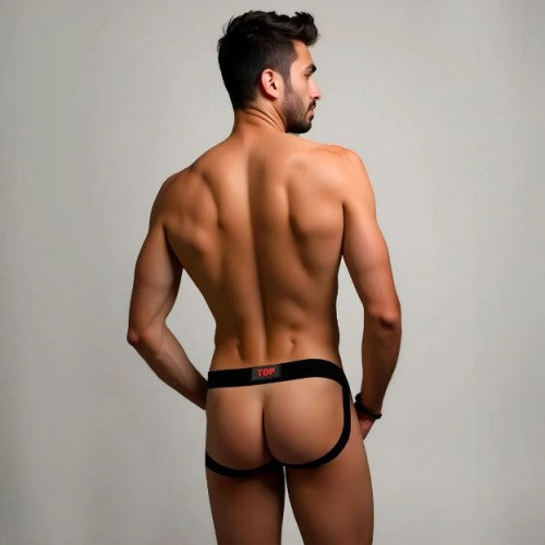 Black ydp brand prowlerr switch jockstrap briefs with red logo waistband showing front view