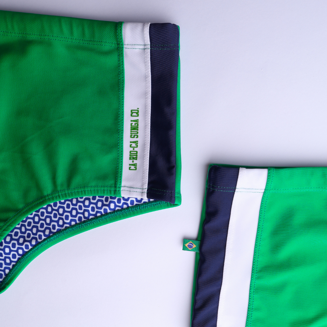Paraná trio sunga traditional cut designer swim shorts in green and navy blue with white trim and patterned lining