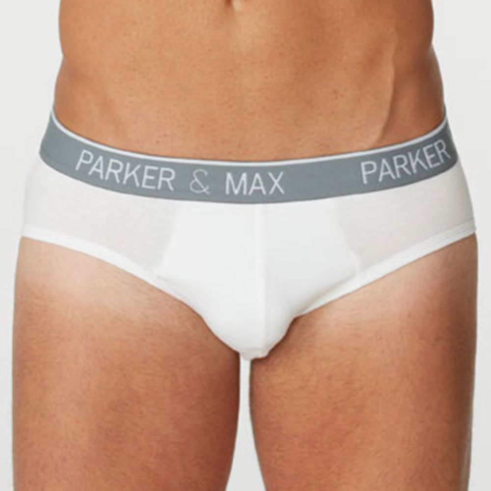 White parker and max classic cotton stretch briefs with gray elastic waistband and white logo lettering