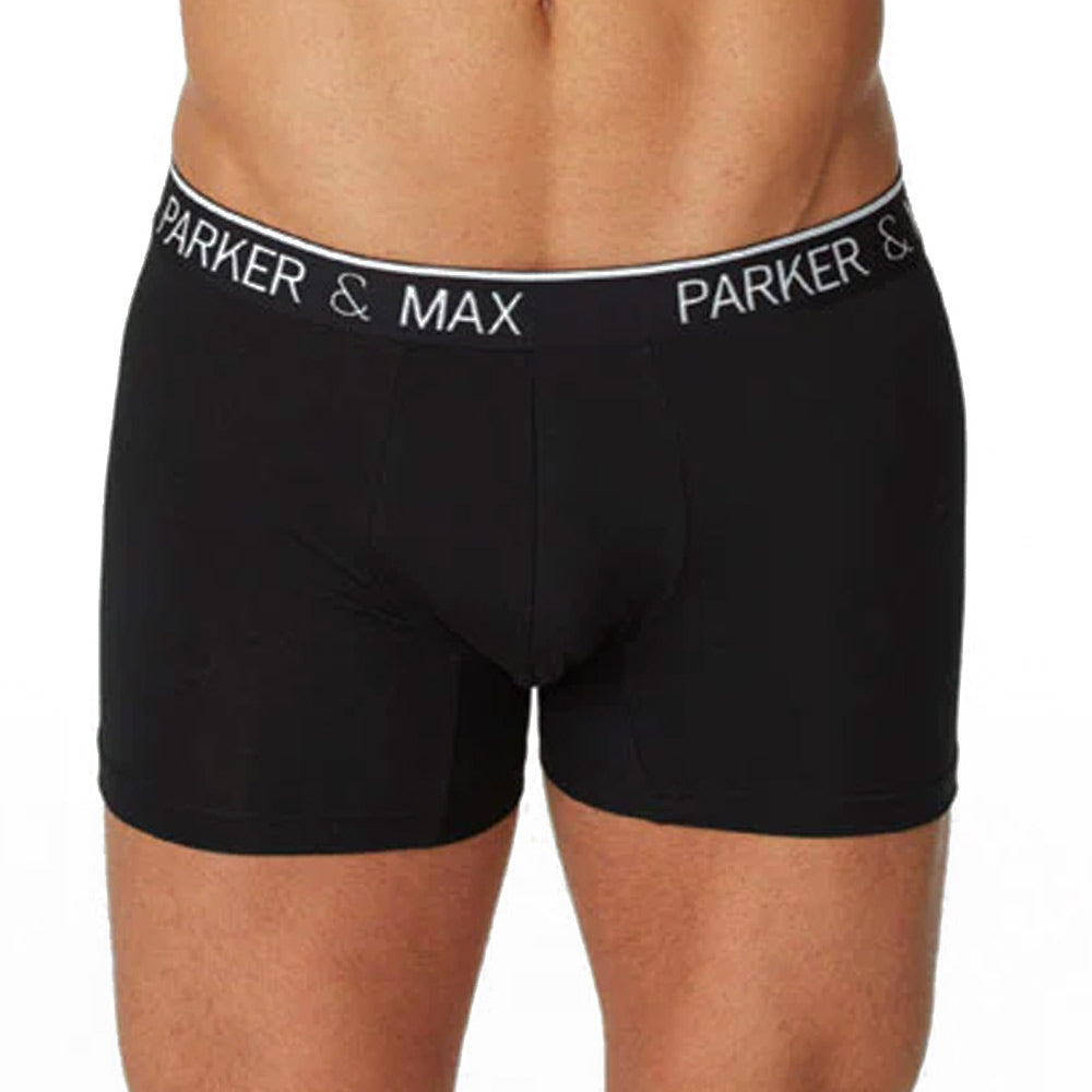 Black parker & max pmfpcs_bb1 boxer briefs with white elastic waistband and black brand lettering in front view