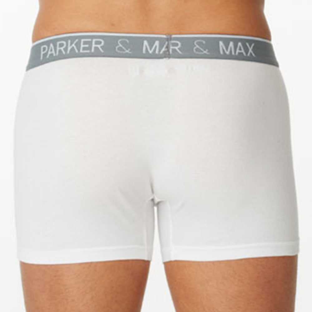 White boxer briefs with gray elastic waistband featuring parker and max logo in white lettering, model PMFPCS_BB1