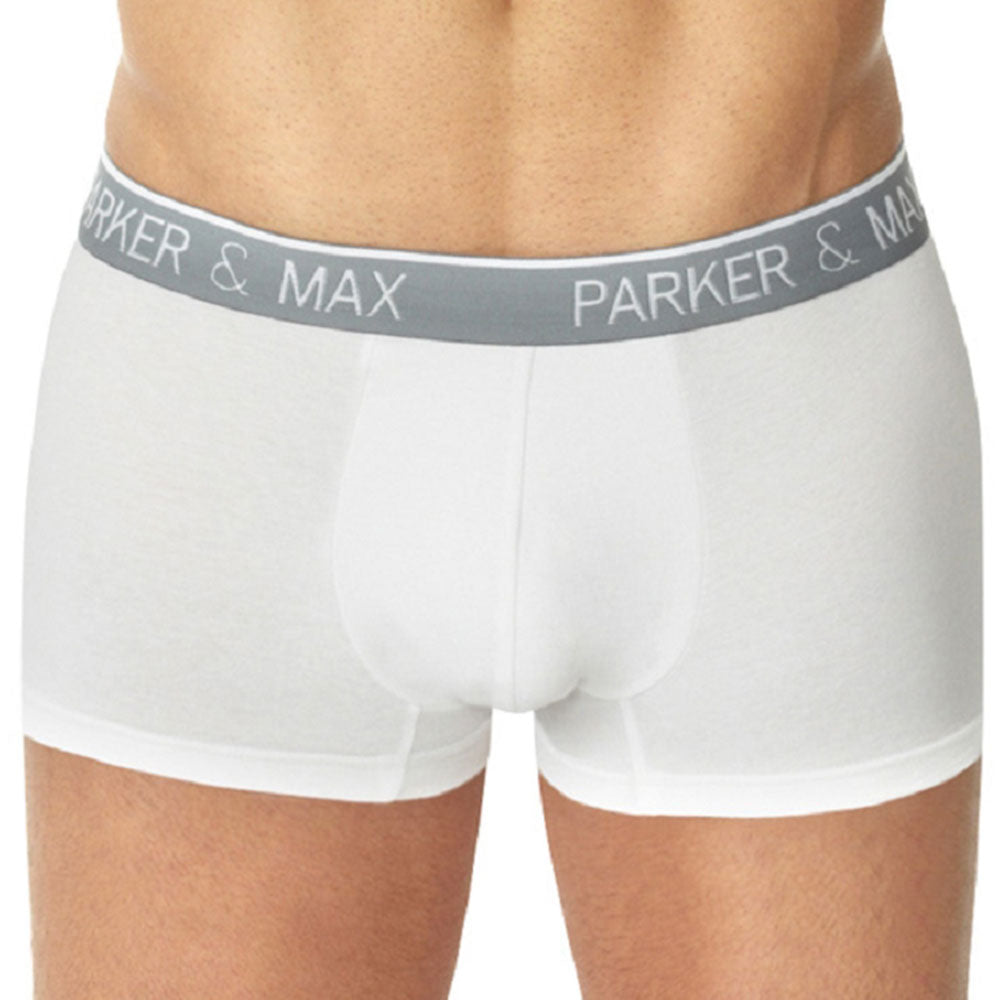 White Parker & Max PMFPCS_T1 boxer trunk briefs with gray waistband and white brand lettering