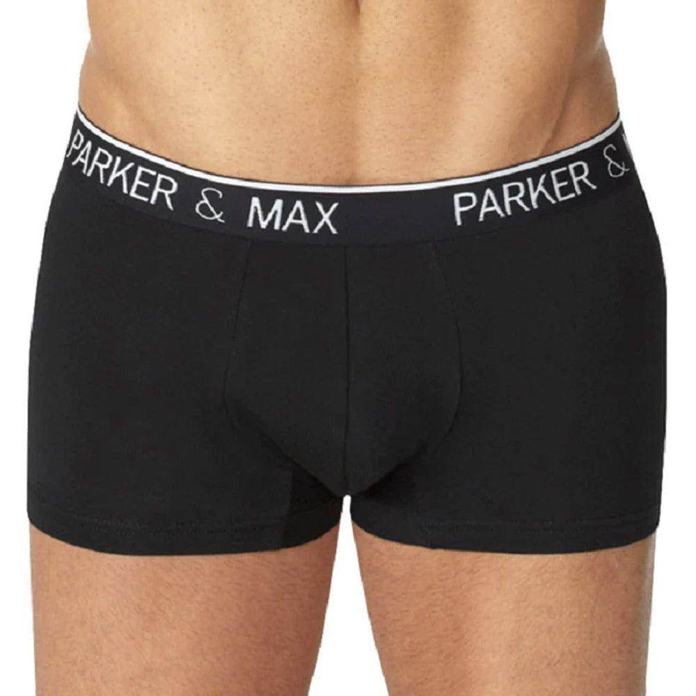 Black parker and max pmfpcs_t1 boxer trunks with white elastic waistband and bold brand name lettering