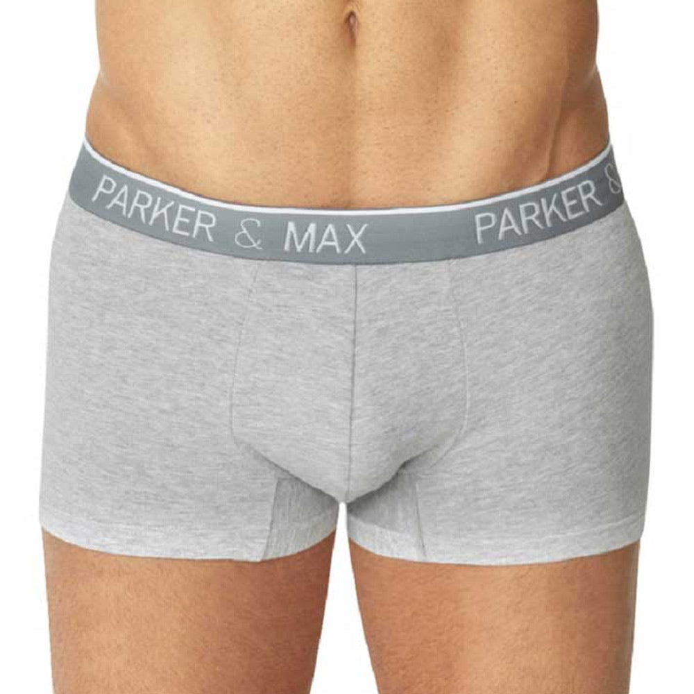 Gray heathered parker and max pmfpcs t1 boxer trunk with elastic waistband and white logo lettering