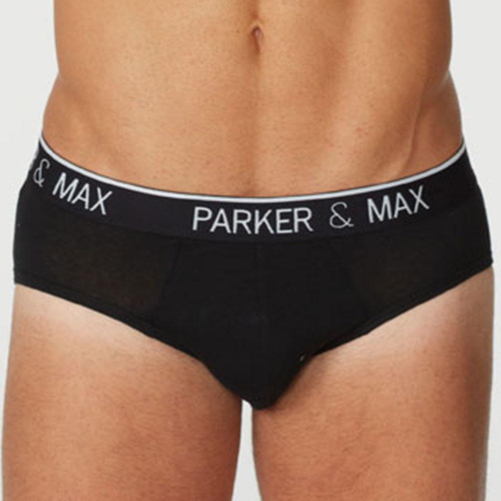 Black parker & max briefs with white elastic waistband featuring brand name bold lettering, product pmaftpcs tdvn1 t-shirt