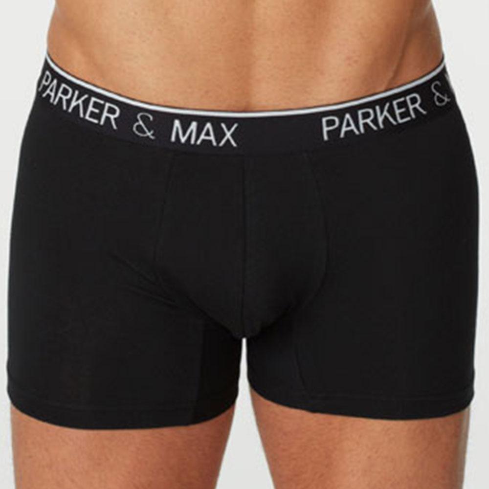 Black parker & max boxer briefs with white logo band designed for comfort and support in everyday wear