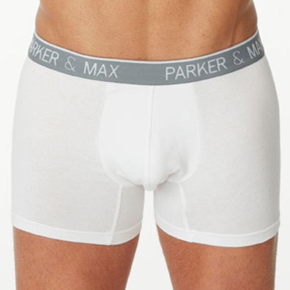 White boxer briefs with gray elastic waistband featuring parker & max logo in white lettering from Parker & Max PMFPCS_TDVN1 T-shirt line