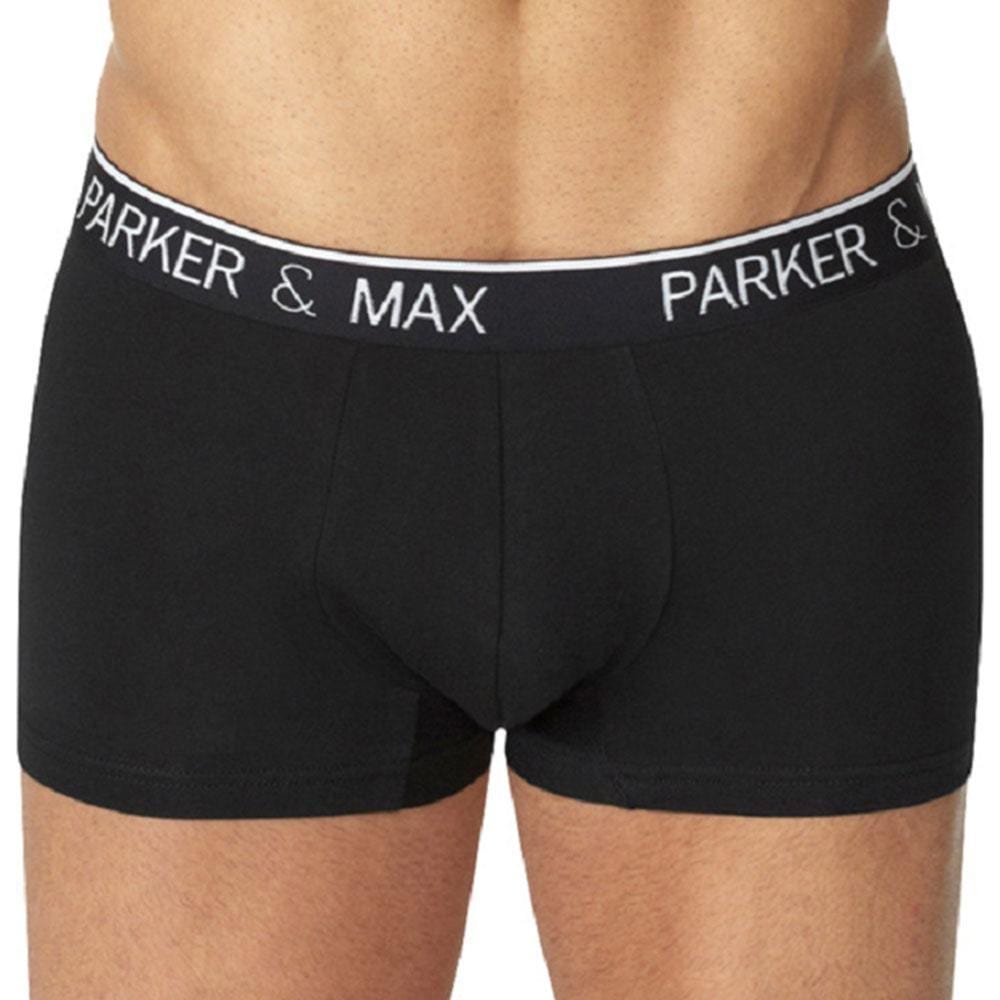 Black parker & max boxer briefs with white elastic waistband featuring brand name for comfortable everyday wear