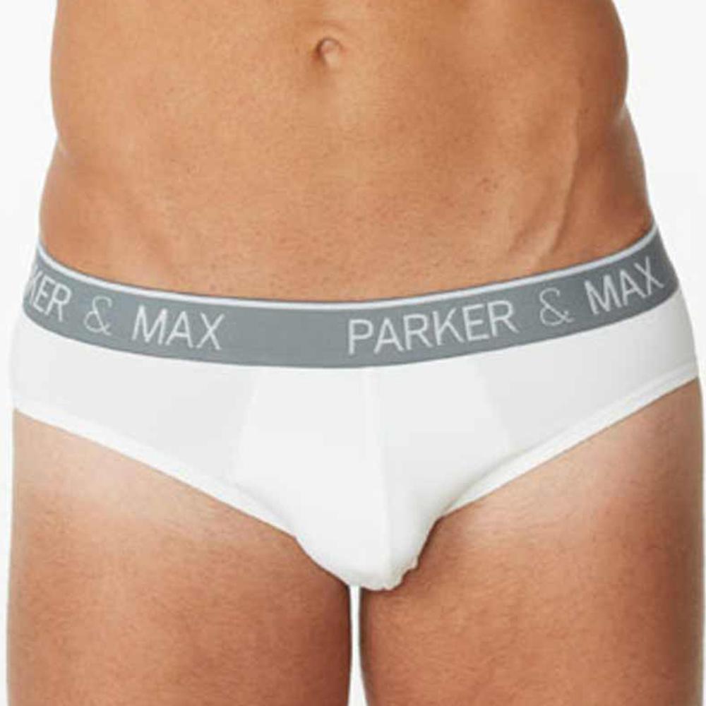 White men’s briefs with a gray elastic waistband featuring parker & max logo in white lettering pmfp_b1 brief