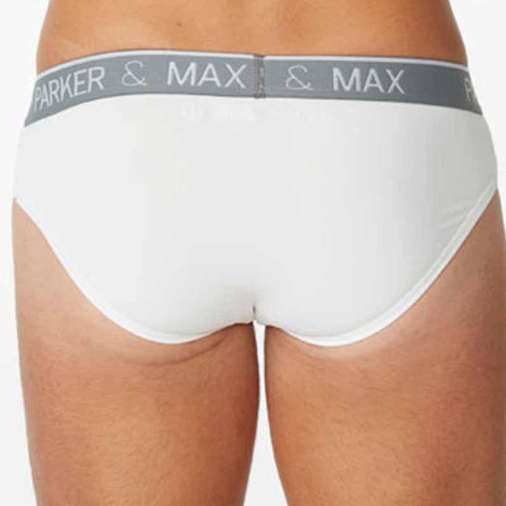 White parker & max pmfp_b1 briefs with gray waistband featuring brand name in white lettering front view