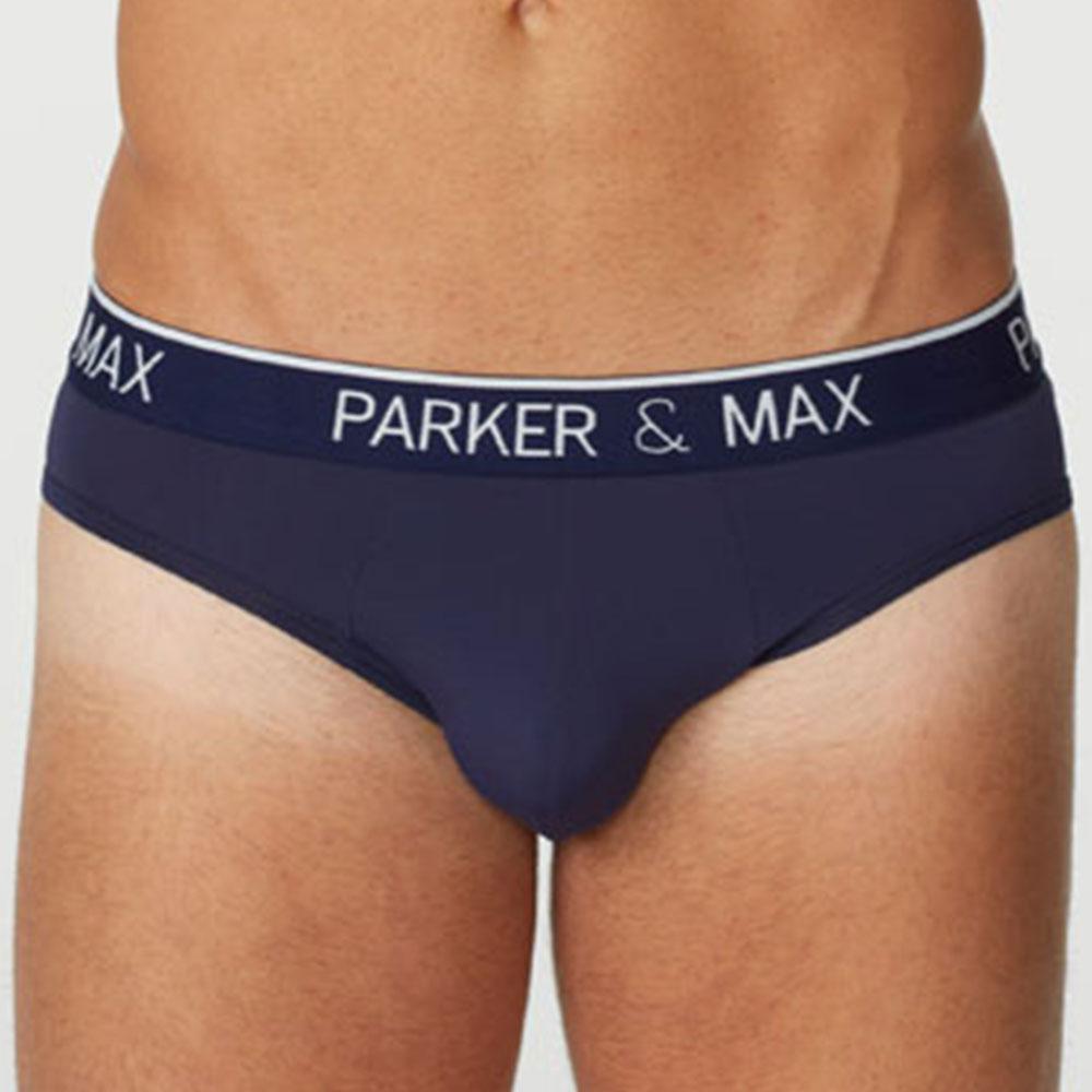 Navy blue parker and max pmfp_b1 briefs with white logo trim made from soft breathable fabric for everyday comfort