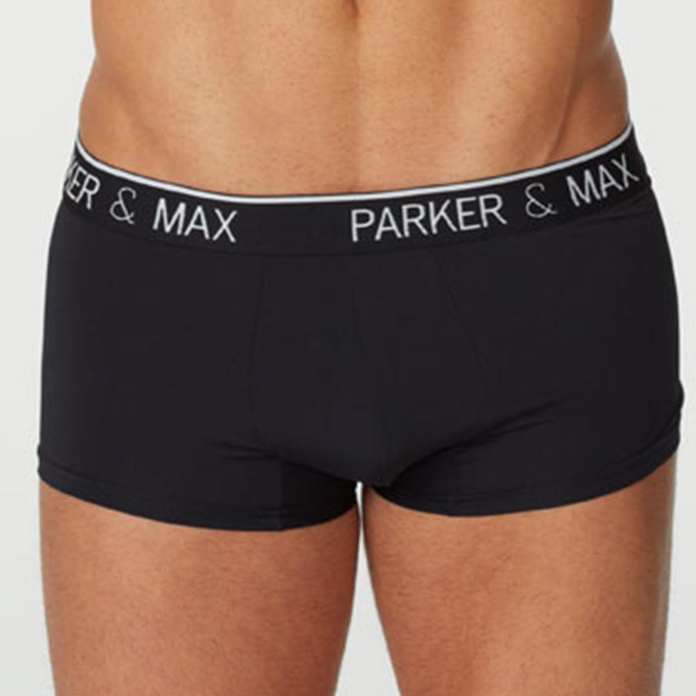 Black parker and max pmfp_t1 boxer trunk briefs with white elastic waistband featuring bold brand name