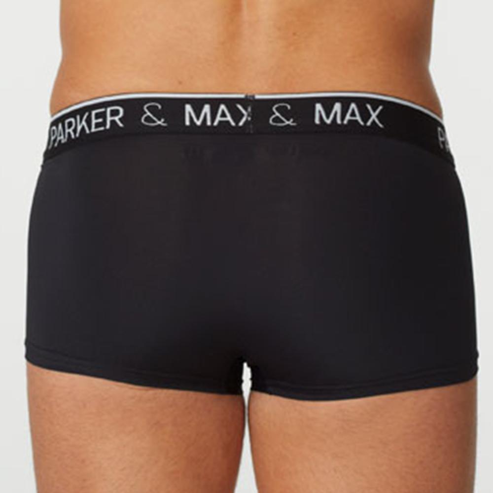 Black men’s boxer briefs with white parker and max waistband in a comfortable PMFP_T1 parker and max trunk design