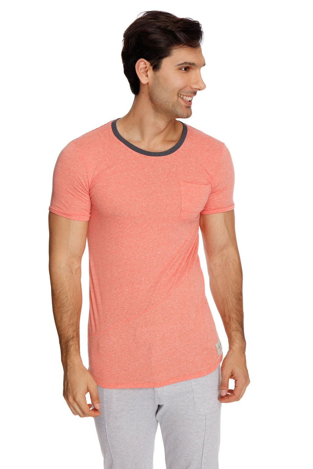 Coral short-sleeved perfect pocket crew-neck tee with dark gray ribbed neckline and chest pocket in apricot slub fabric