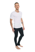 White short-sleeved crew neck cotton tee with perfect pocket in arctic white paired with black leggings