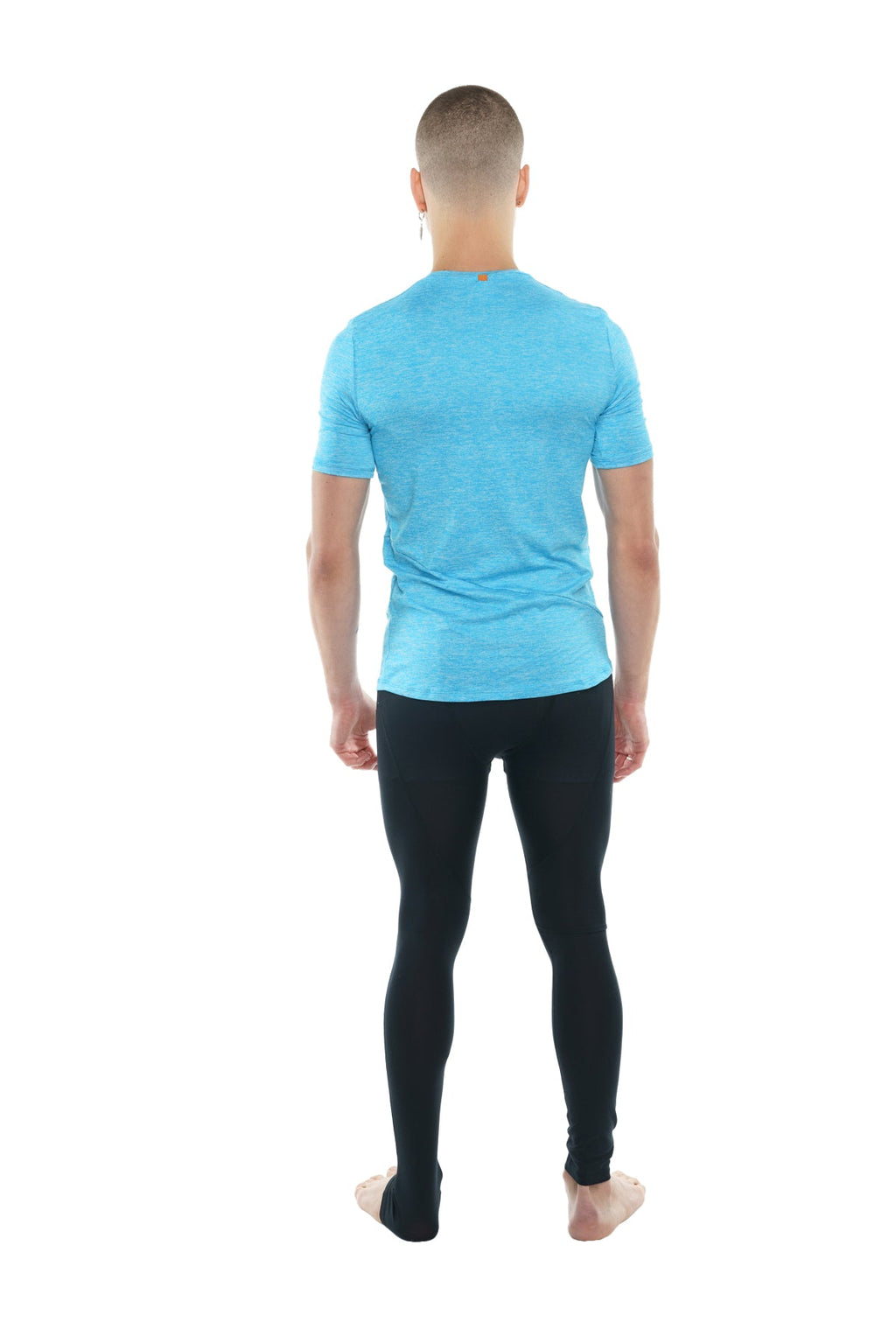 A light blue perfect pocket crew-neck tee with short sleeves and subtle heathered texture in coral heather